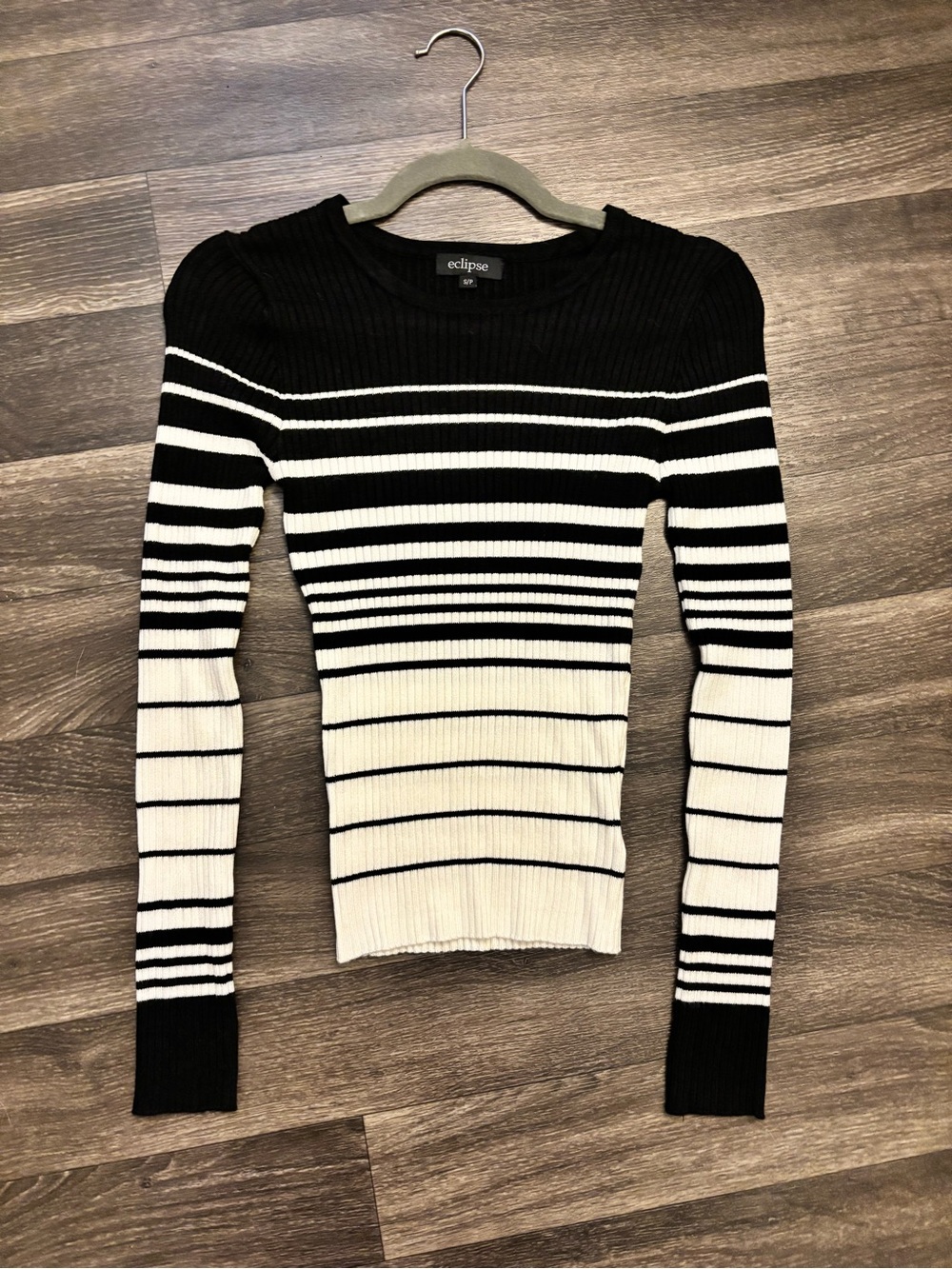 Eclipse Black Ribbed Knit Top with White Stripes